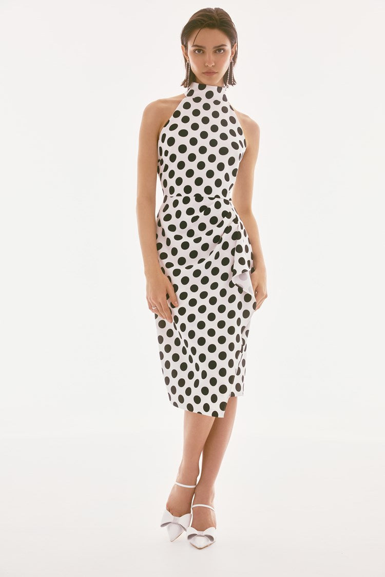LUX TWILL DOT PRINT HALTER DRESS 251759