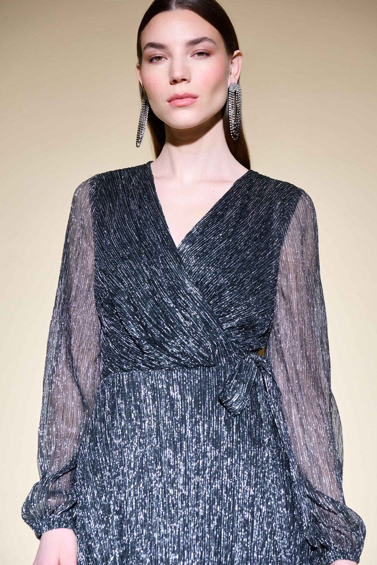 PLEATED FOIL WRAP DRESS WITH WAIST SASH 234709
