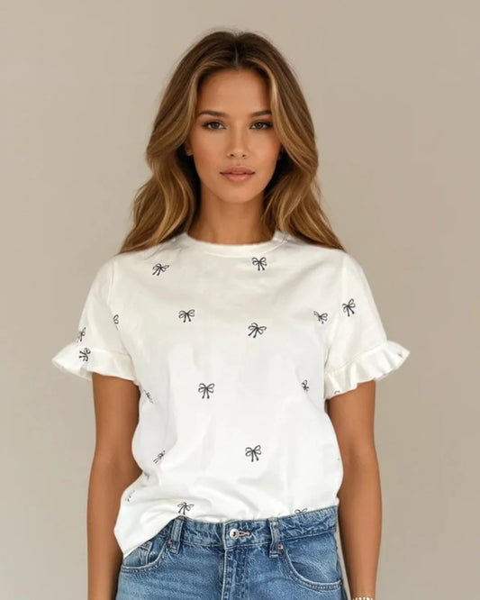 ELODIE RUFFLE CUFF BOW SHIRT