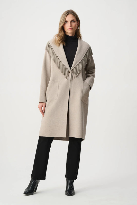 Wool Blend Shawl Collar Fringed Coat 263912