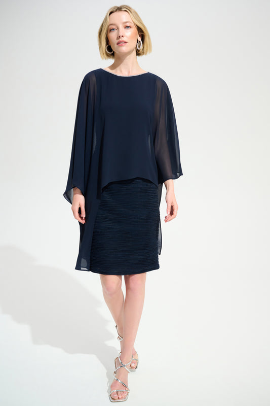 Cascade Knit Sheath Dress With Chiffon Poncho Overlay 261707