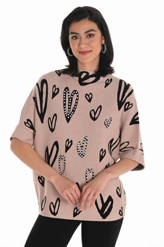 MOCK NECK SHORT SLEEVE HEART SWEATER