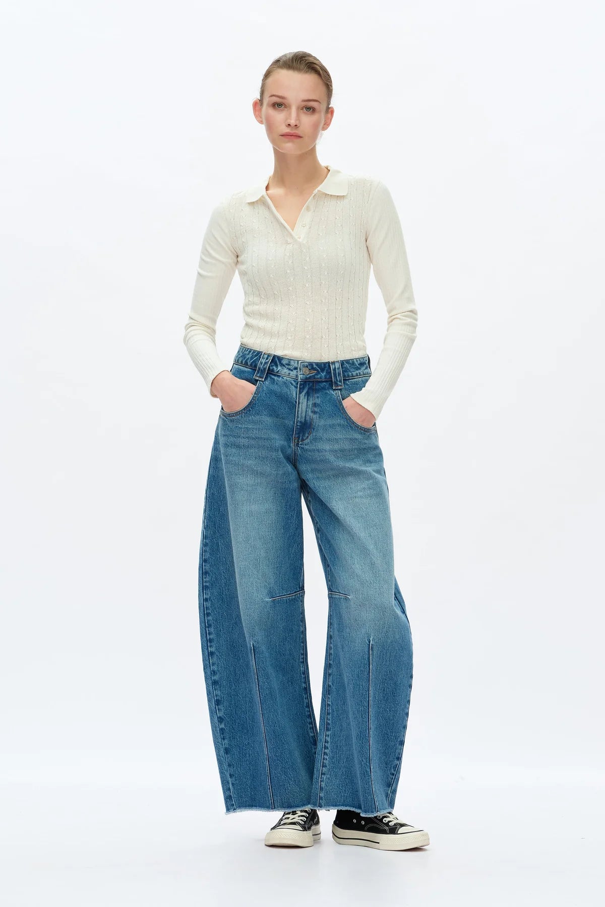 MID RISE DROP CROTCH BARREL JEAN