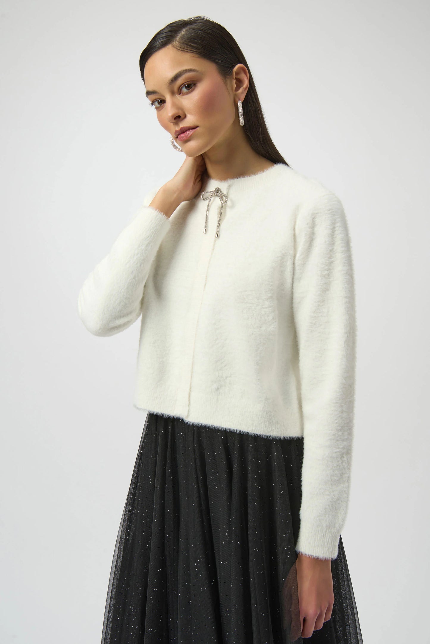 Feather Yarn Cardigan with Rhinestone Bow 254955