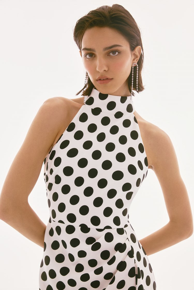 LUX TWILL DOT PRINT HALTER DRESS 251759
