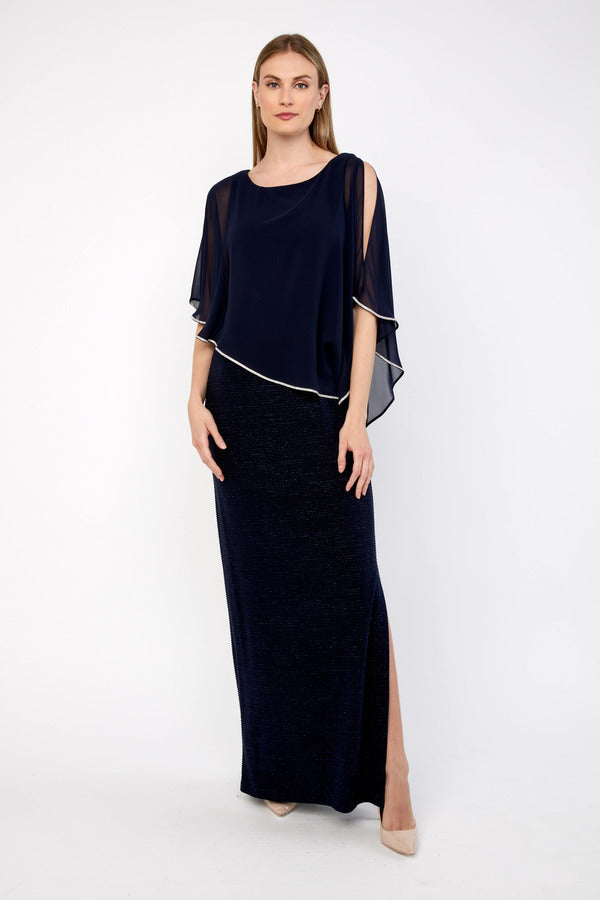 CHIFFON OVERLAY MAXI DRESS WITH RHINESTONE TRIM AND METALLIC TRIM SKIRT 179257