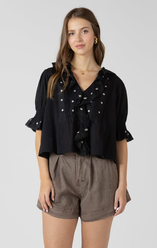 THE LULU BUTTON FRONT RUFFLE TRIM BLOUSE