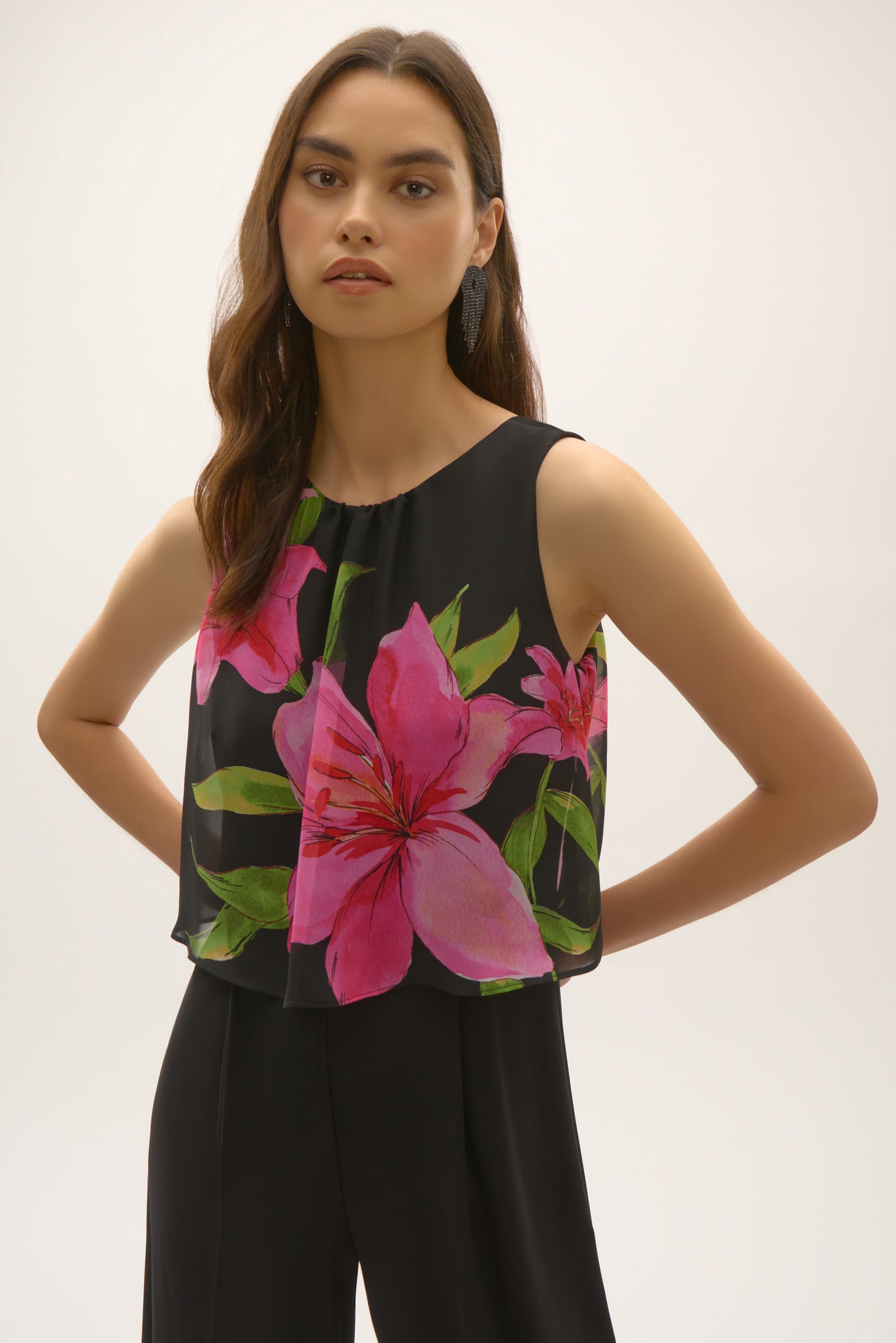 Silky Knit and Floral Chiffon Wide Leg Jumpsuit 252704
