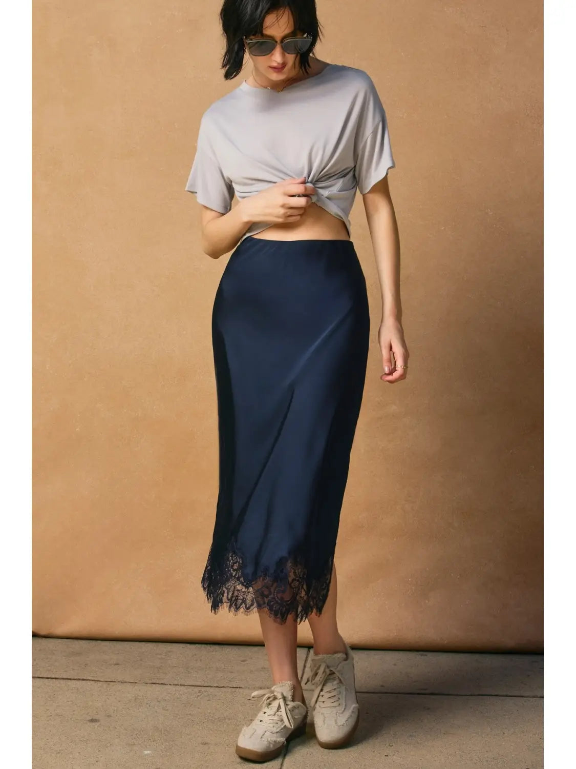 THE JENNIFER SATIN LACE HEM SKIRT