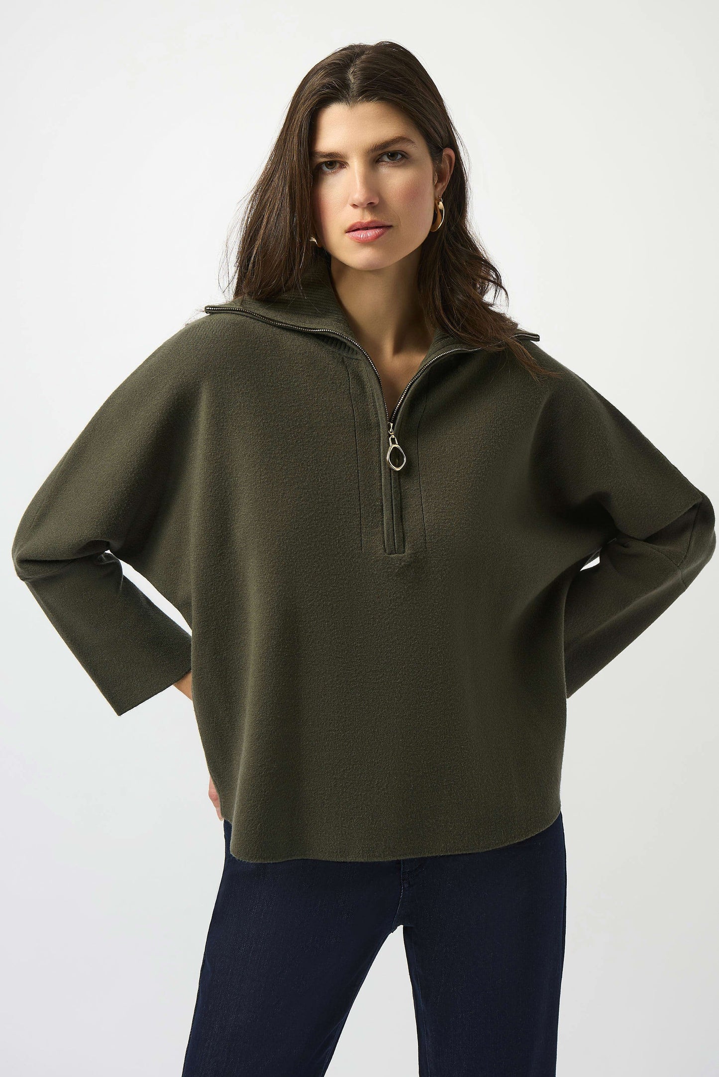 Sweater Knit Boxy Pullover With Zipped Collar 253963
