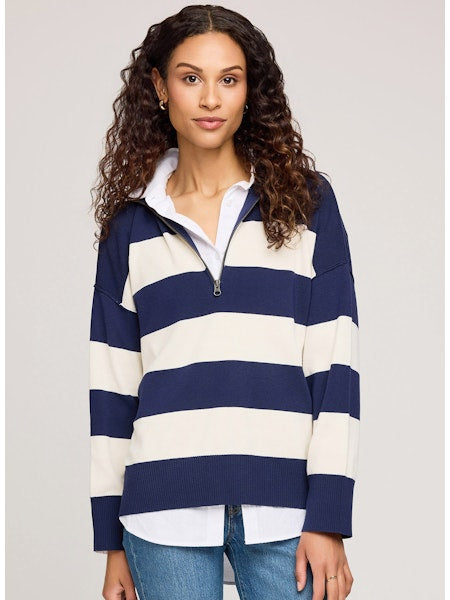 IDRIS LONG SLV STRIPE ZIP TOP