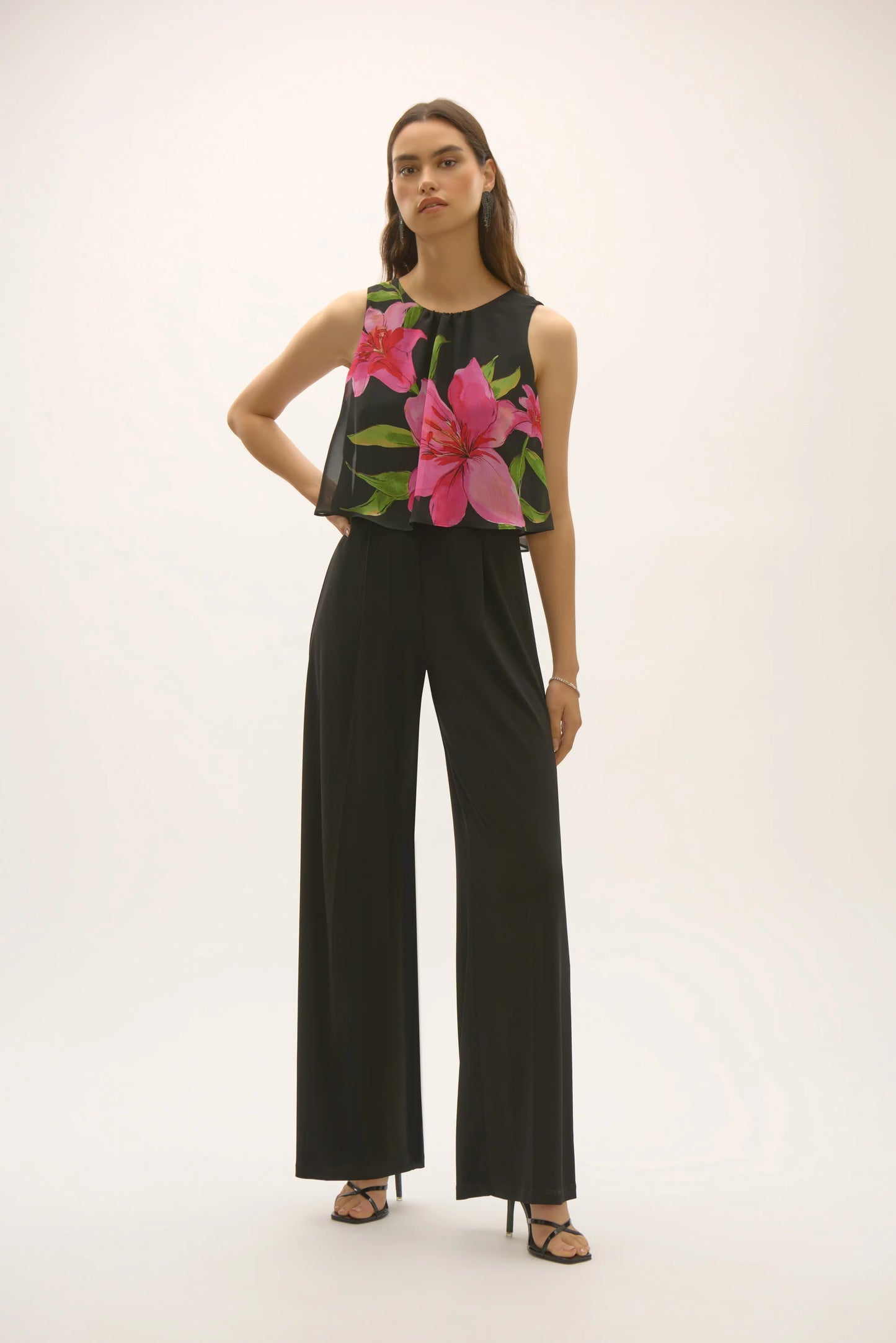 Silky Knit and Floral Chiffon Wide Leg Jumpsuit 252704