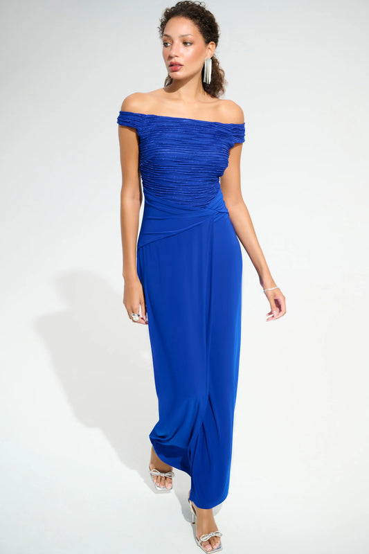 SILKY KNIT CASCADE OFF THE SHOULDER GOWN