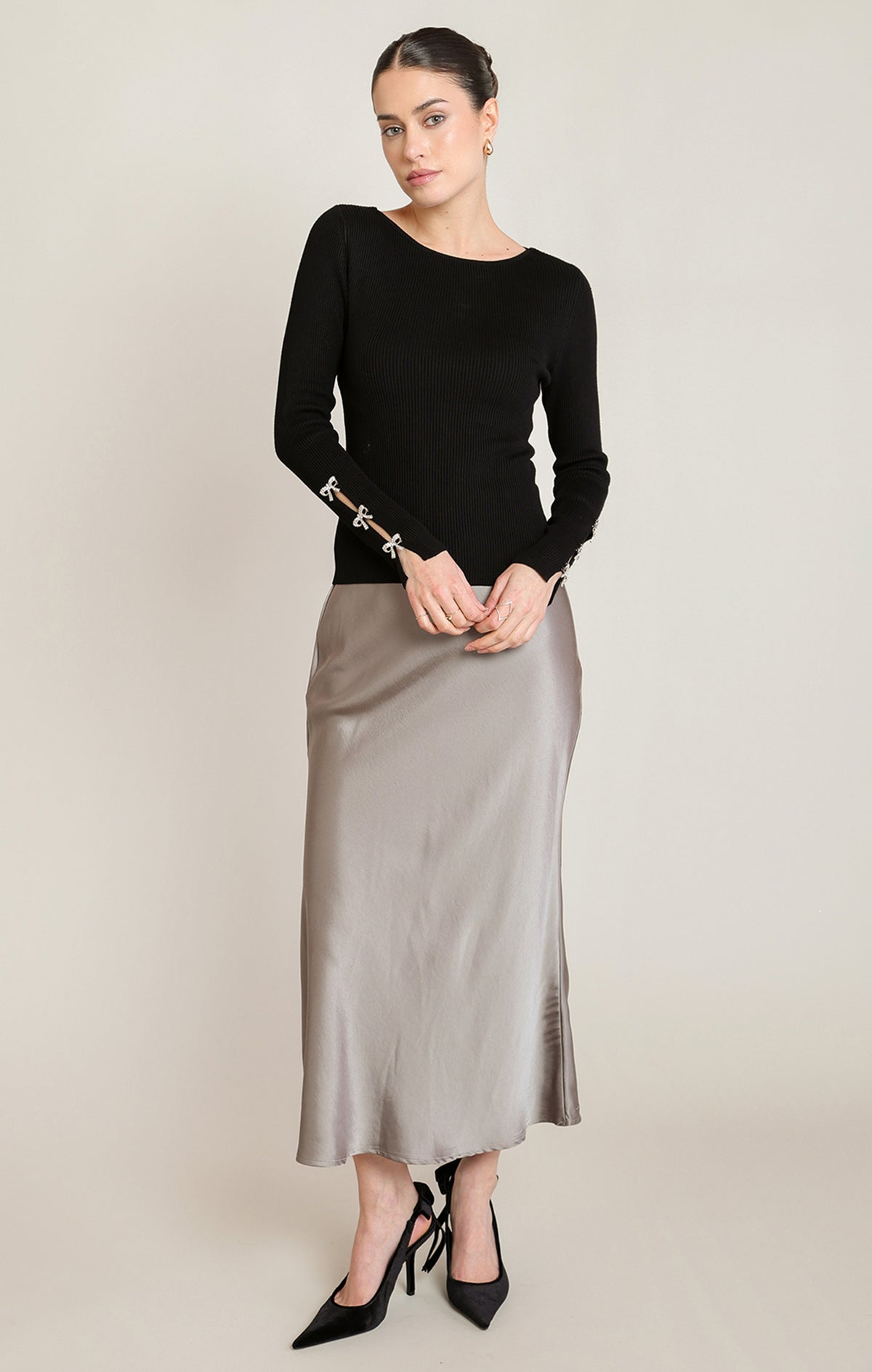 THE ALBIE BOW RHINESTONE SWEATER TOP