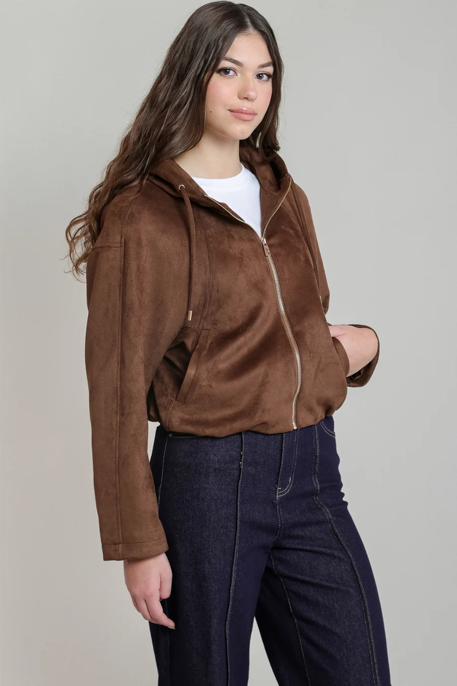 THE KELLY HOODED SUEDE BOMBER