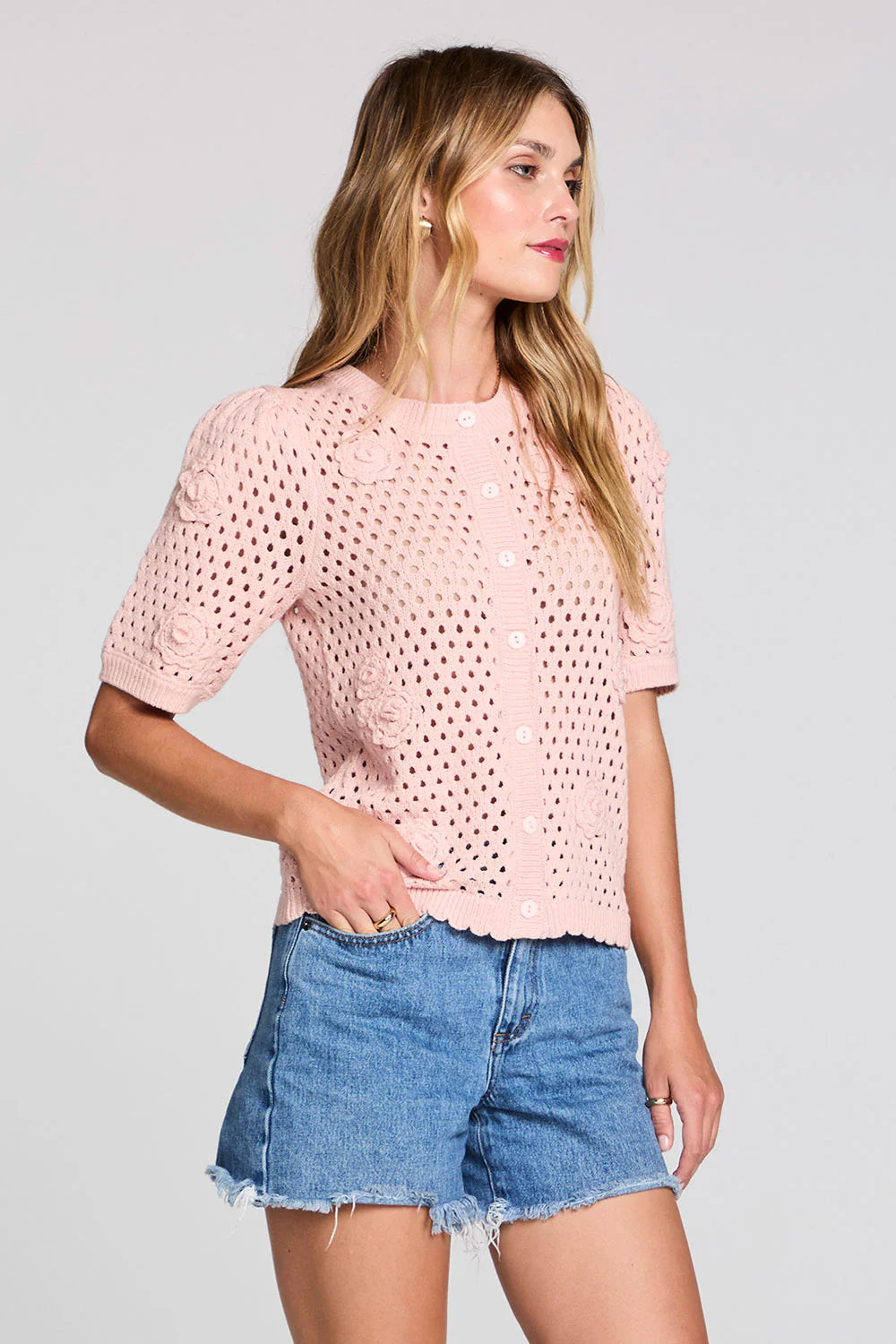 OLIVIA SHORT SLEEVE CROCHET SWEATER