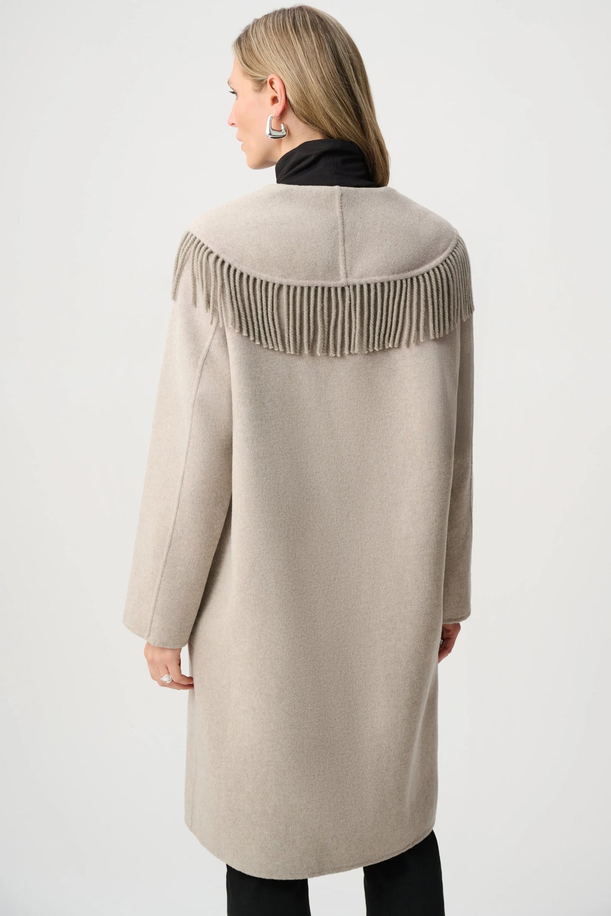 Wool Blend Shawl Collar Fringed Coat 263912
