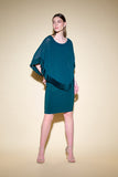 SILKY KNIT SHEATH DRESS WTH CHIFFON PLEATED OVERLAY 234705