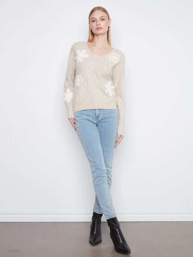 THE CATHY LONG SLEEVE VNECK FLOWER XWEATER