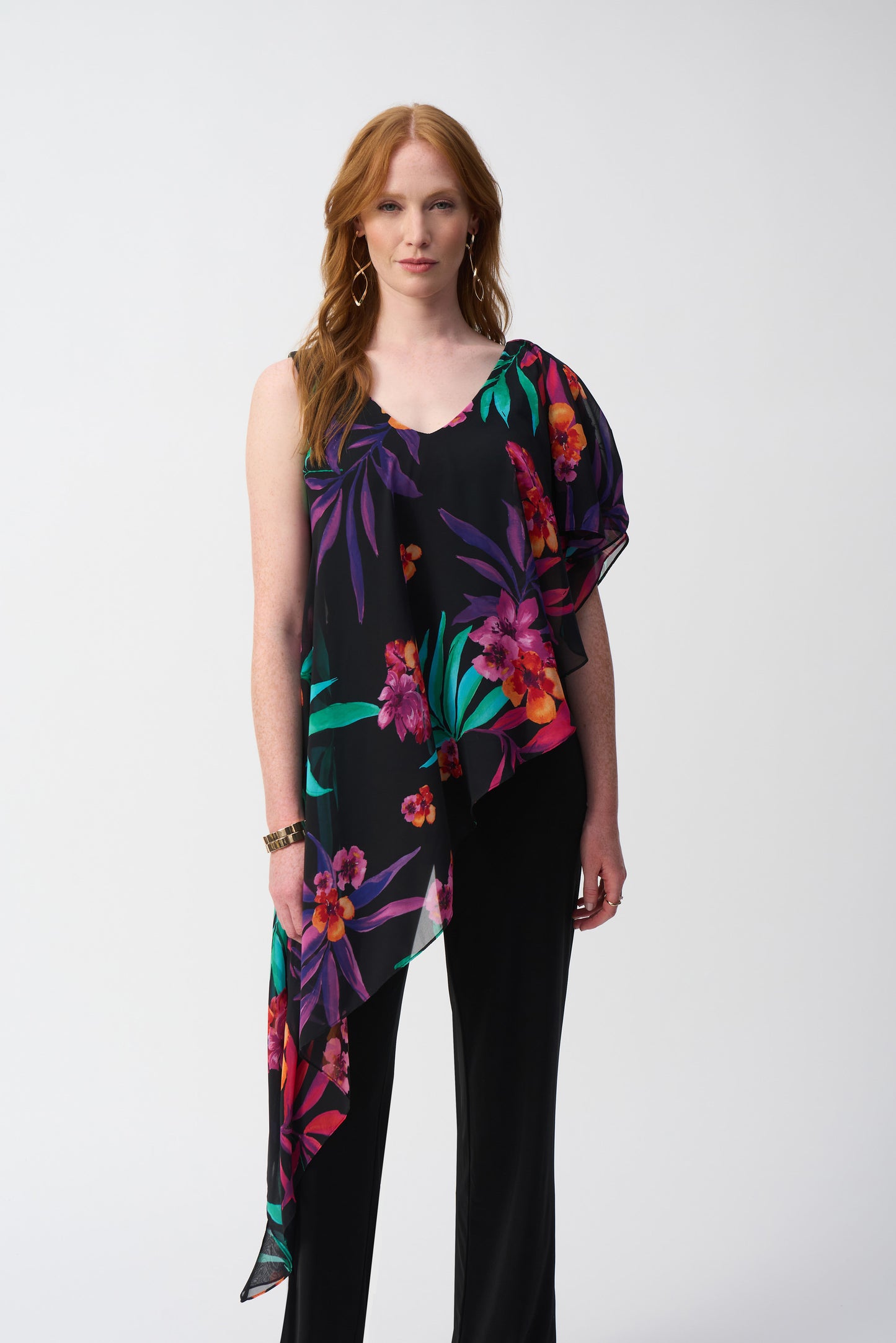 Silky Knit Jumpsuit With Tropical Chiffon Overlay 251152