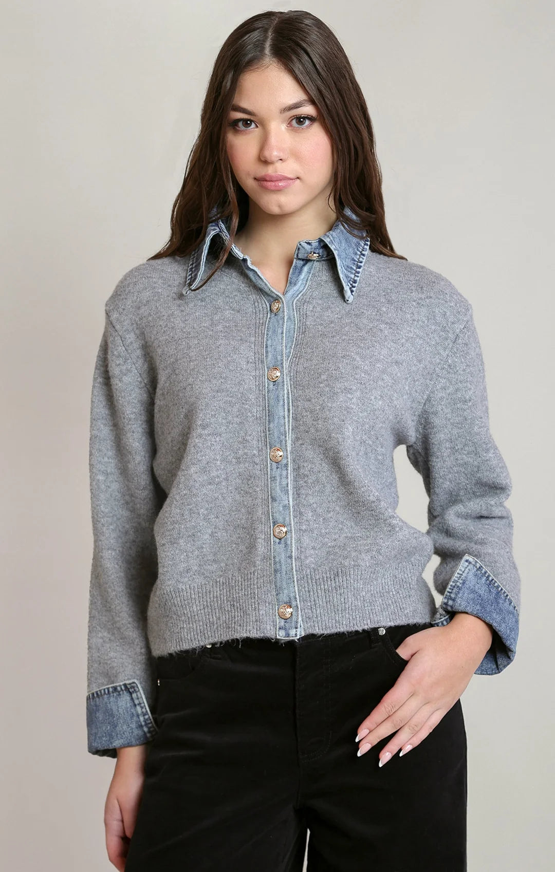 THE JENNA DENIM TRIM SWEATER SHIRT