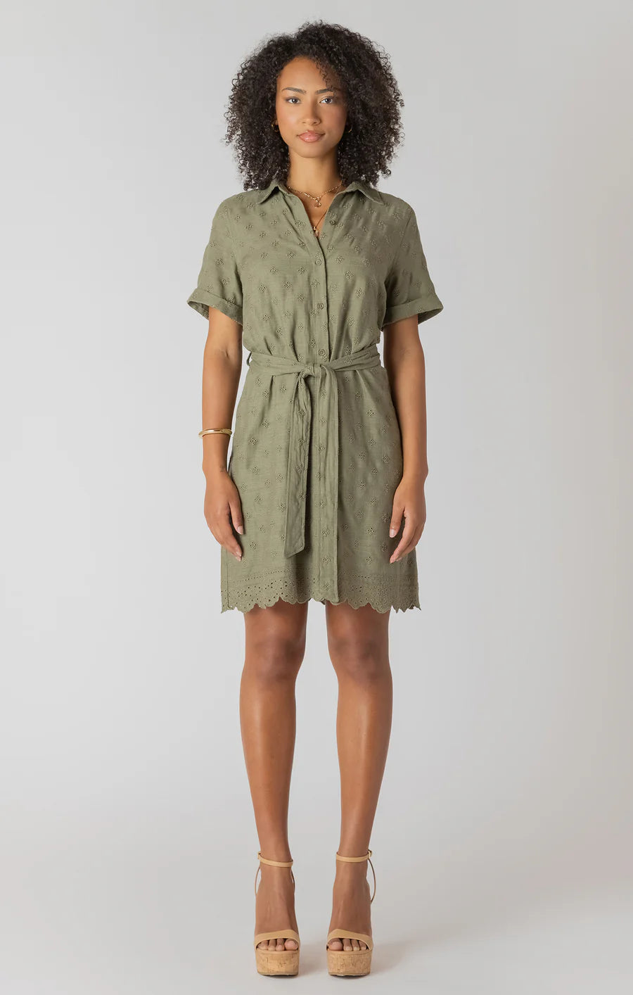 THE ANGIE LINEN S/S BELTED EYELET DRESS