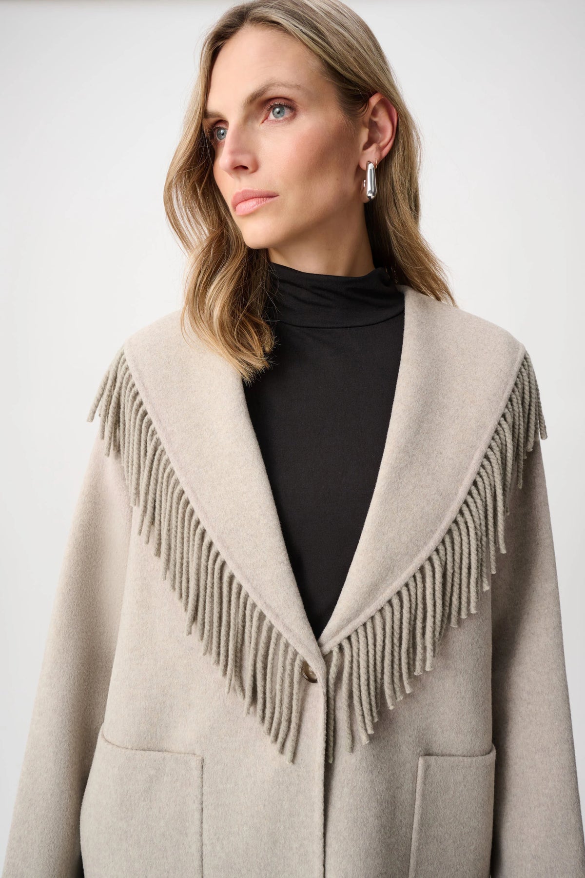 Wool Blend Shawl Collar Fringed Coat 263912