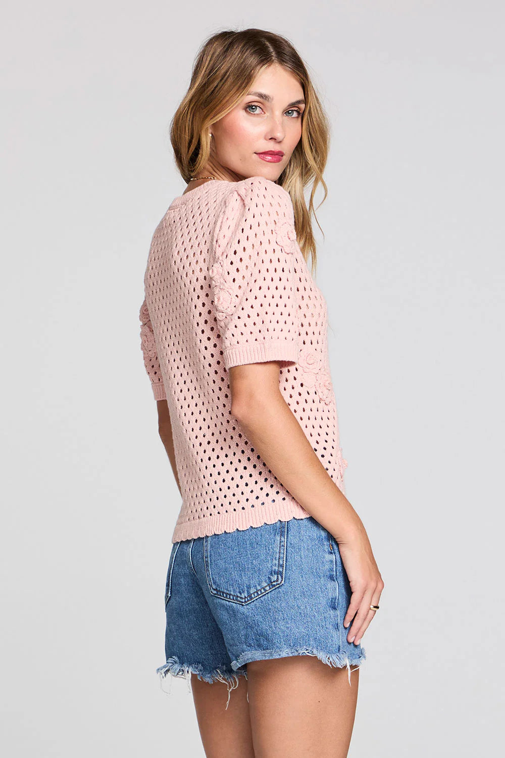 OLIVIA SHORT SLEEVE CROCHET SWEATER