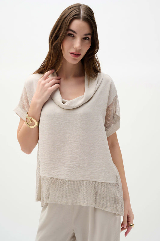 Woven Gauze And Mesh Boxy Top With Cowl Collar 262045