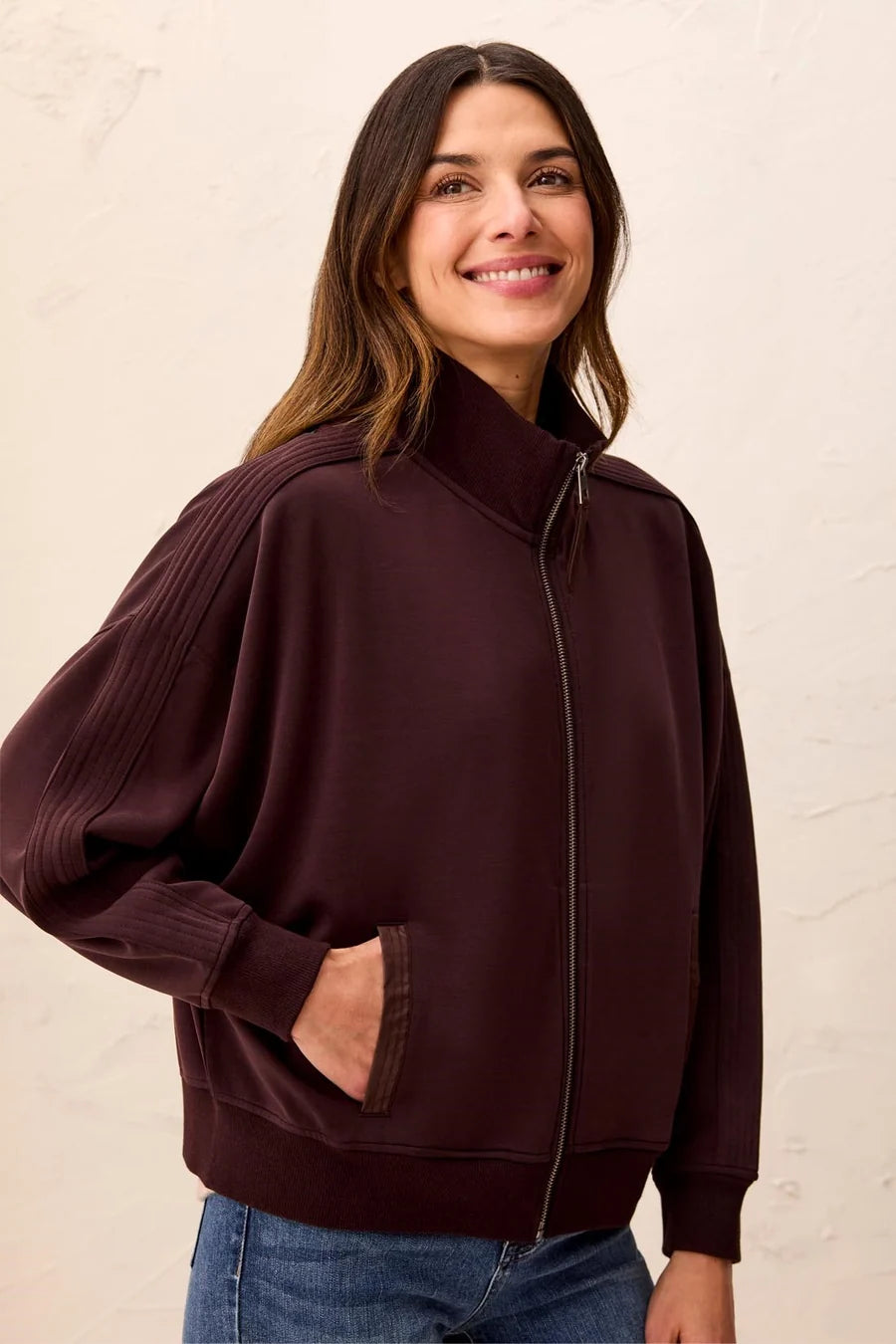 KNIT BOMBER WITH LEATHER TRIM