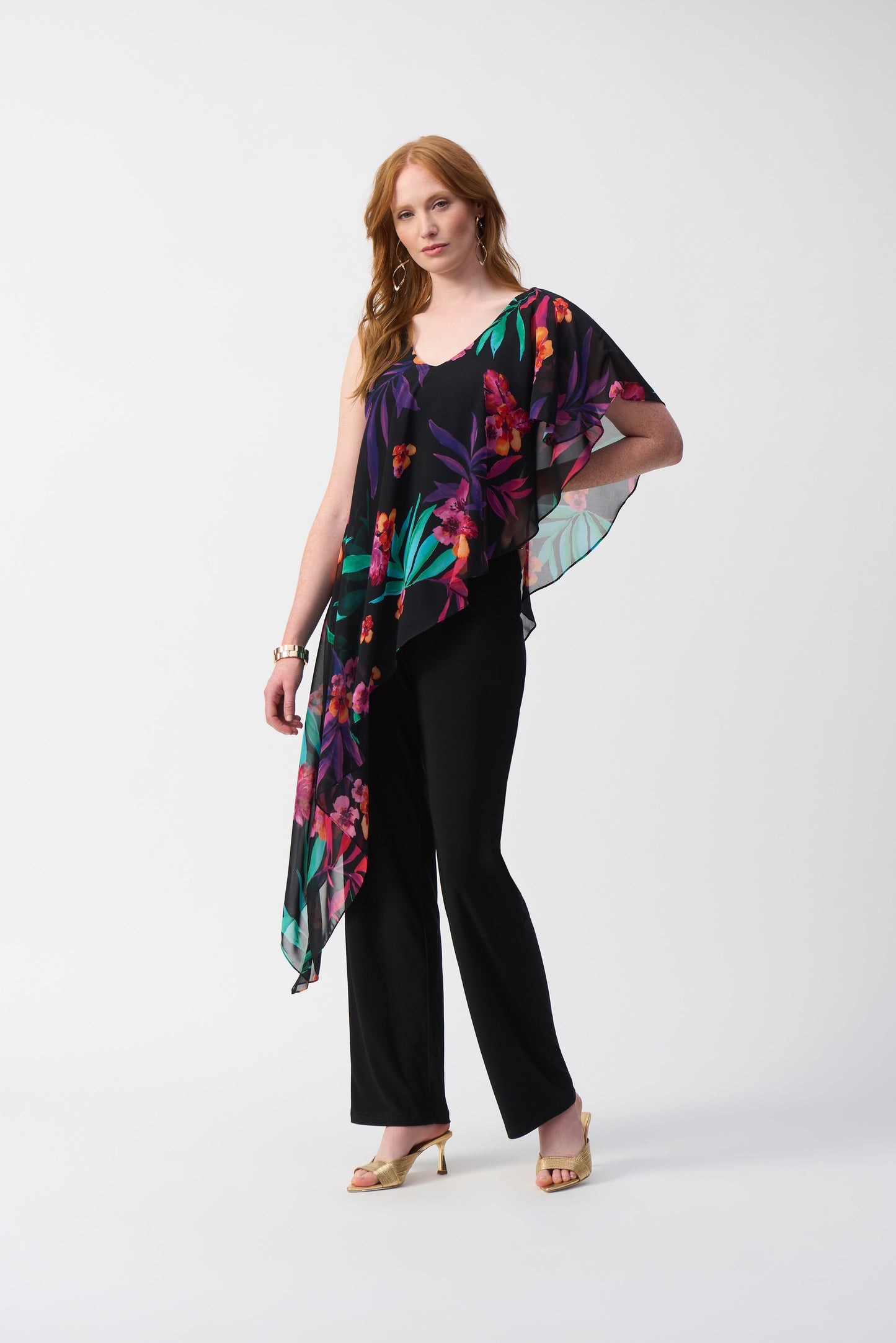 Silky Knit Jumpsuit With Tropical Chiffon Overlay 251152