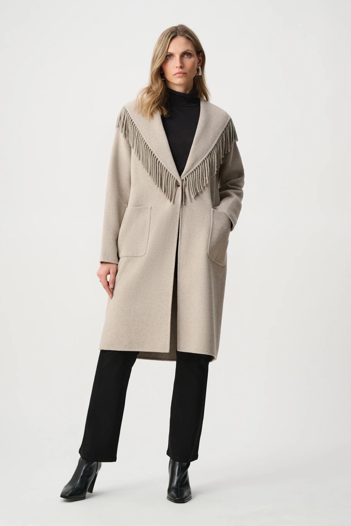 Wool Blend Shawl Collar Fringed Coat 263912