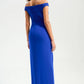 SILKY KNIT CASCADE OFF THE SHOULDER GOWN