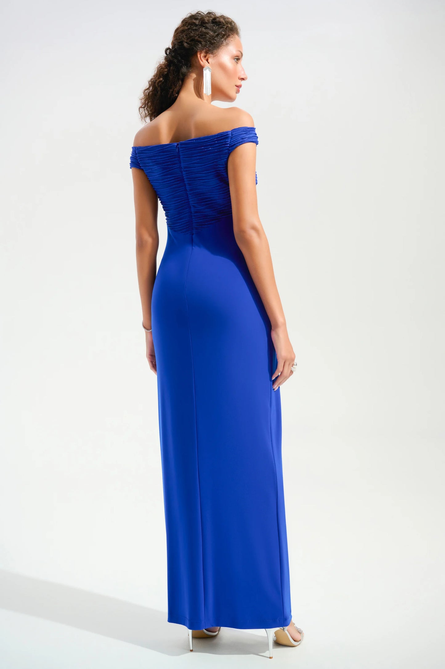 SILKY KNIT CASCADE OFF THE SHOULDER GOWN