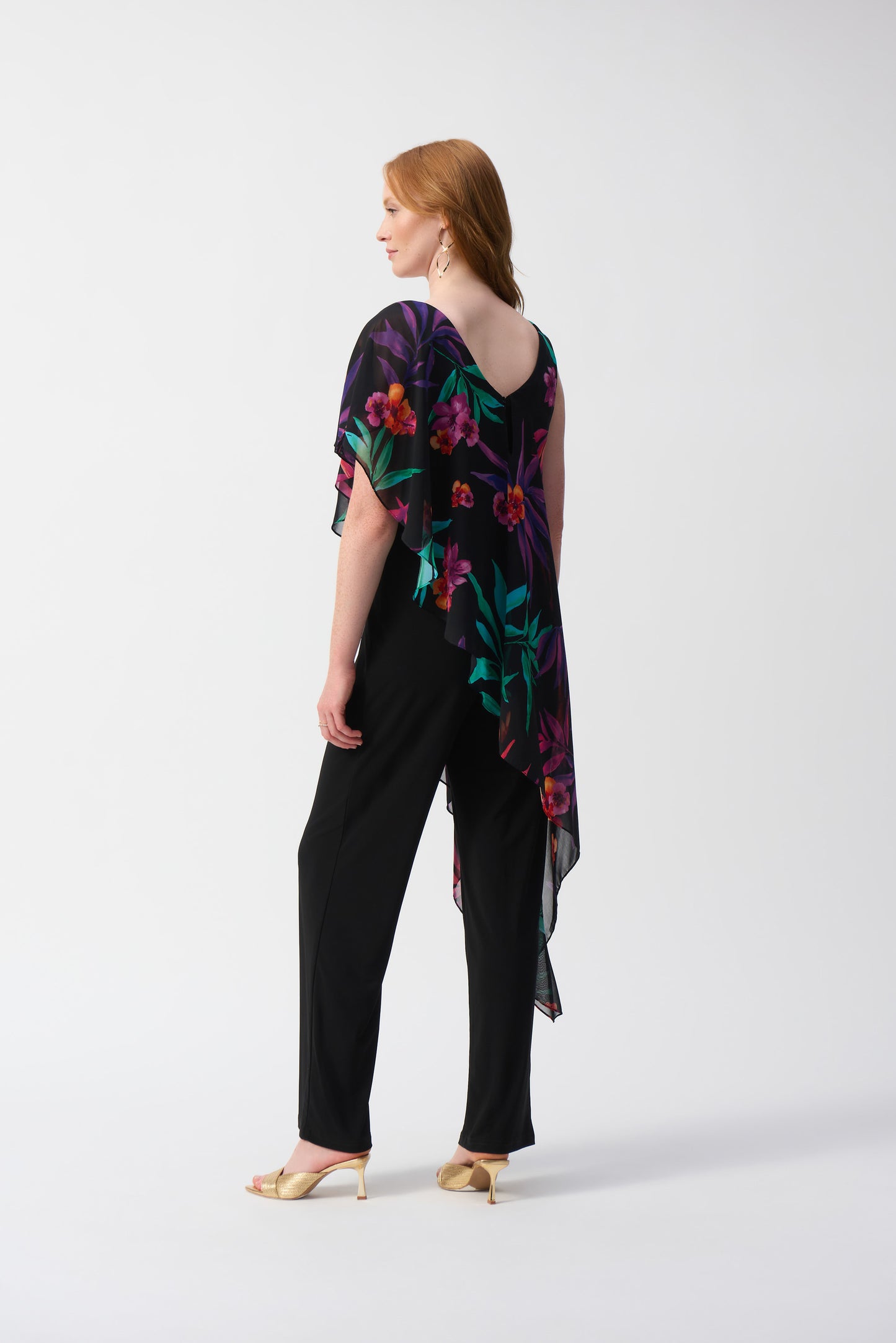 Silky Knit Jumpsuit With Tropical Chiffon Overlay 251152