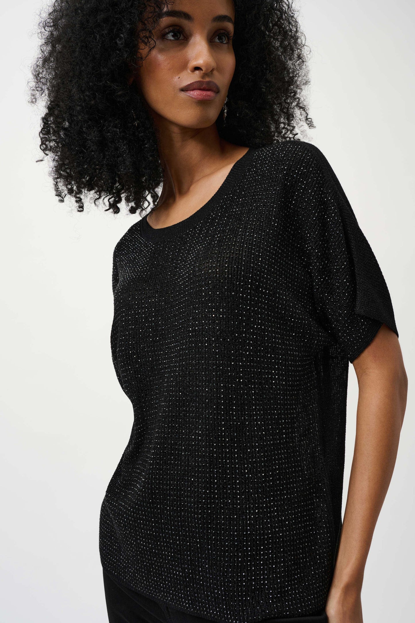 METALLIC KNITTED TSHIRT W/RHINESTONES