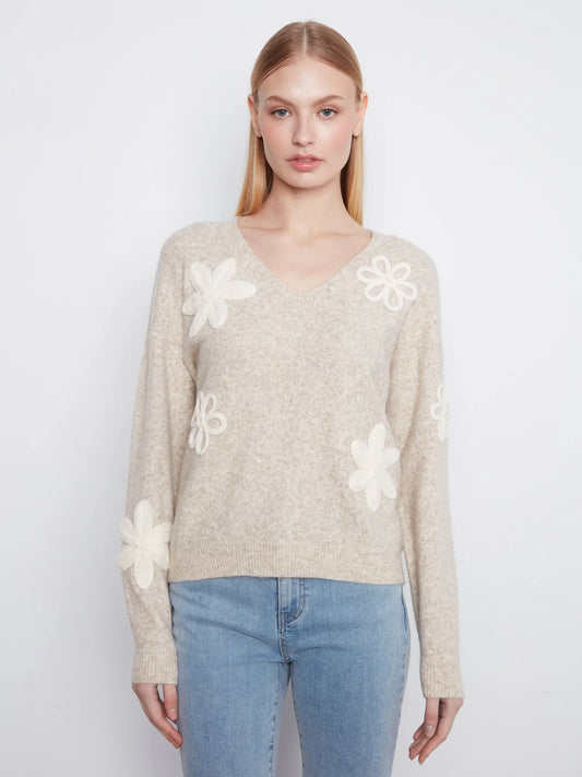THE CATHY LONG SLEEVE VNECK FLOWER XWEATER