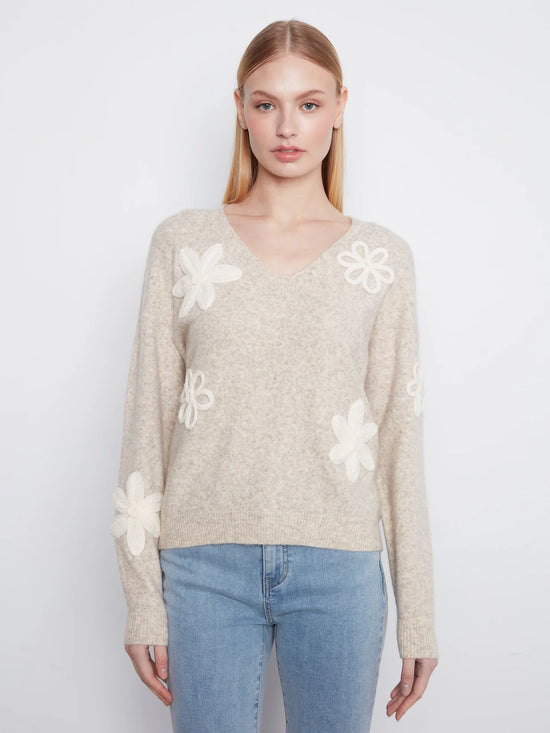 THE CATHY LONG SLEEVE VNECK FLOWER XWEATER