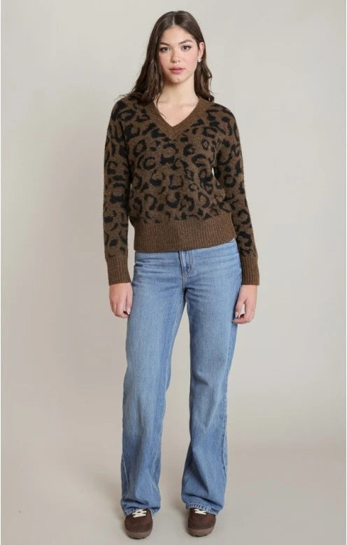 THE LANA V NECK LEOPARD PRINT SWEATER