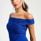 SILKY KNIT CASCADE OFF THE SHOULDER GOWN