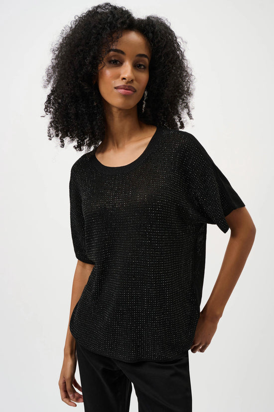 METALLIC KNITTED TSHIRT W/RHINESTONES
