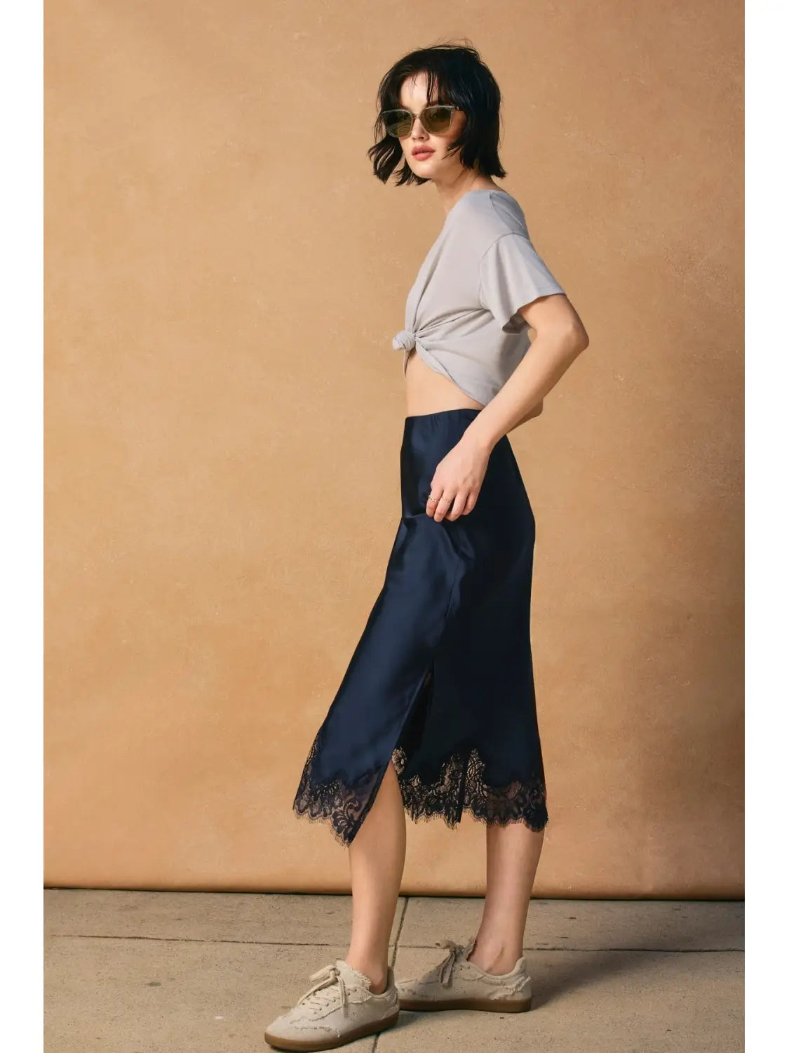 THE JENNIFER SATIN LACE HEM SKIRT