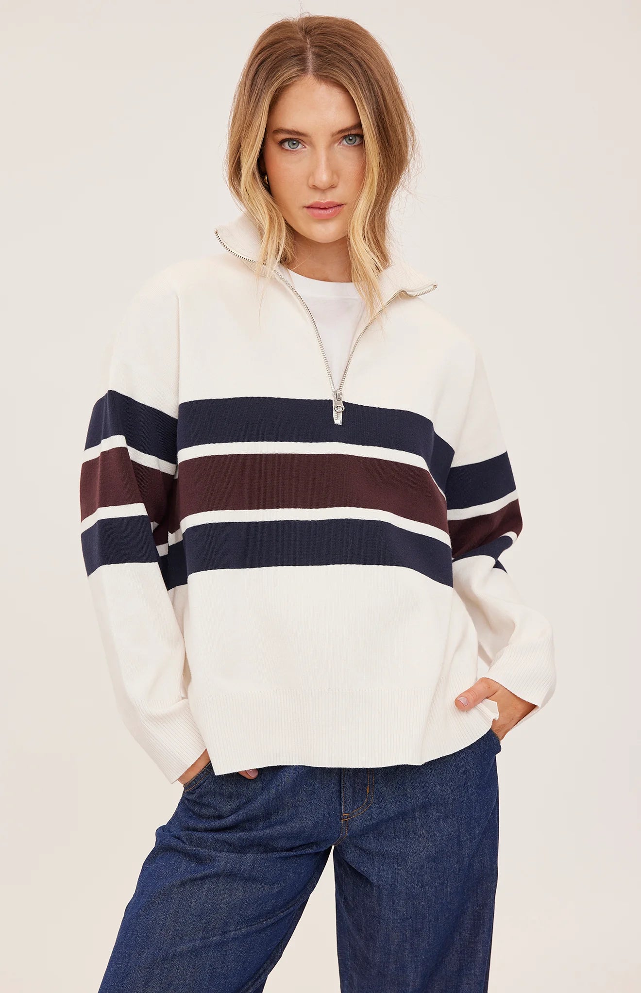 IDRIS LONG SLV STRIPE ZIP TOP