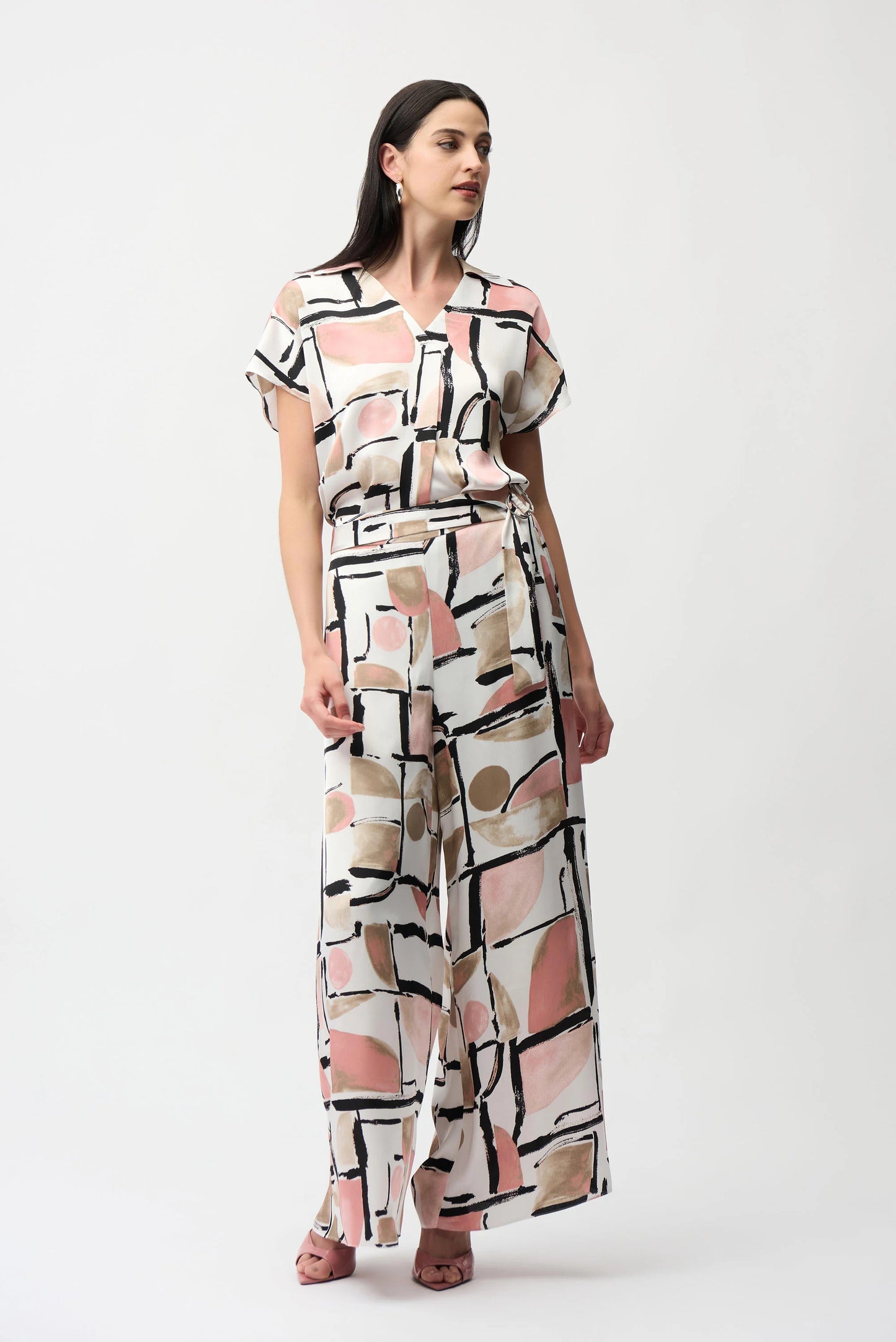 RECYLED SATIN ABSTRACT PRINT WIDE LEG PANT