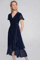 SILKY KNIT FLOWY SHORT SLEEVE AND FLOWY WRAP DRESS 242730