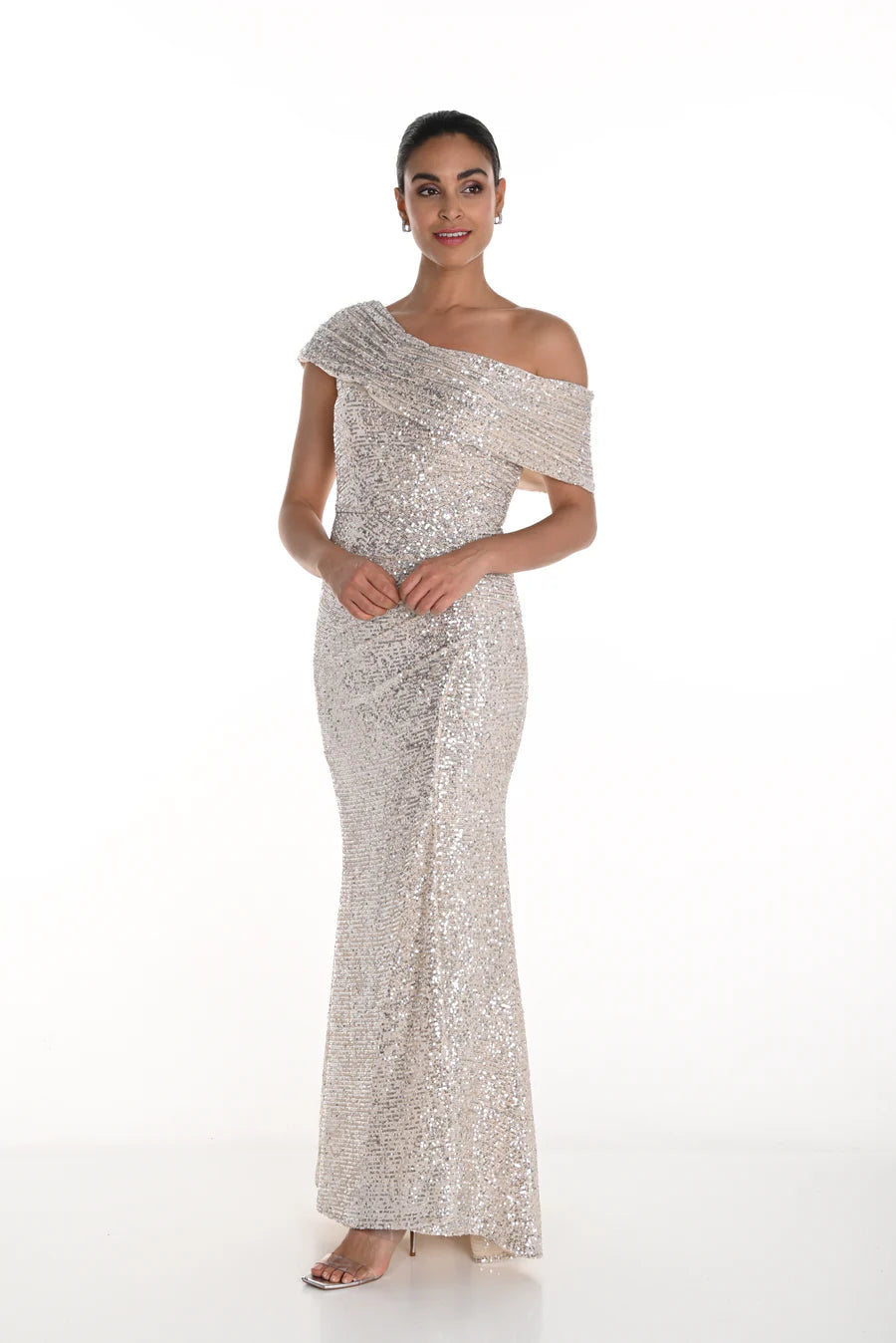 LONG CHAMPAGNE OFF SHOULDER KNIT GOWN 268270