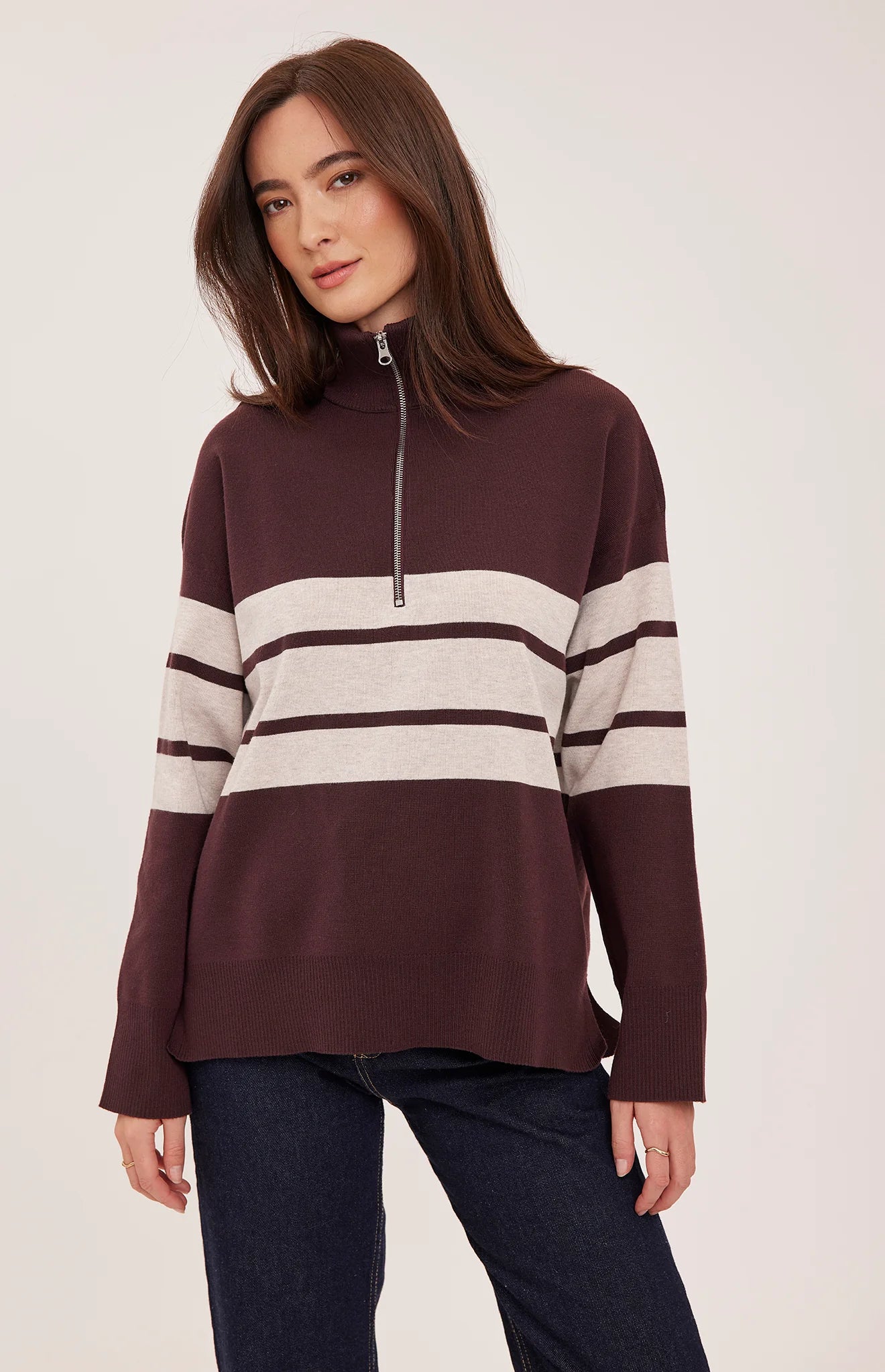 IDRIS LONG SLV STRIPE ZIP TOP