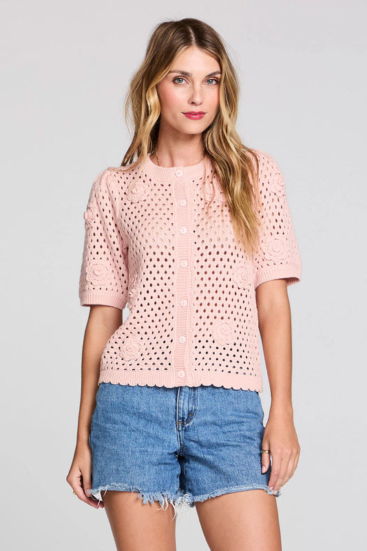 OLIVIA SHORT SLEEVE CROCHET SWEATER