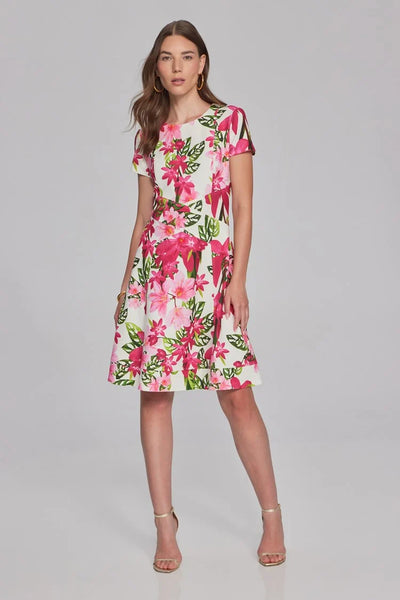 FLORAL PRINT SCUBA AND CREPE FIT AND FLARE DRESS 241789