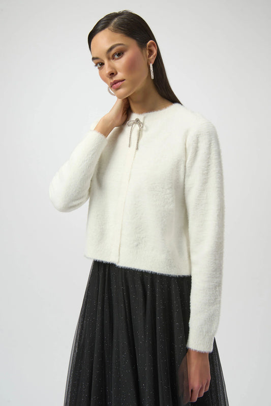 Feather Yarn Cardigan with Rhinestone Bow 254955